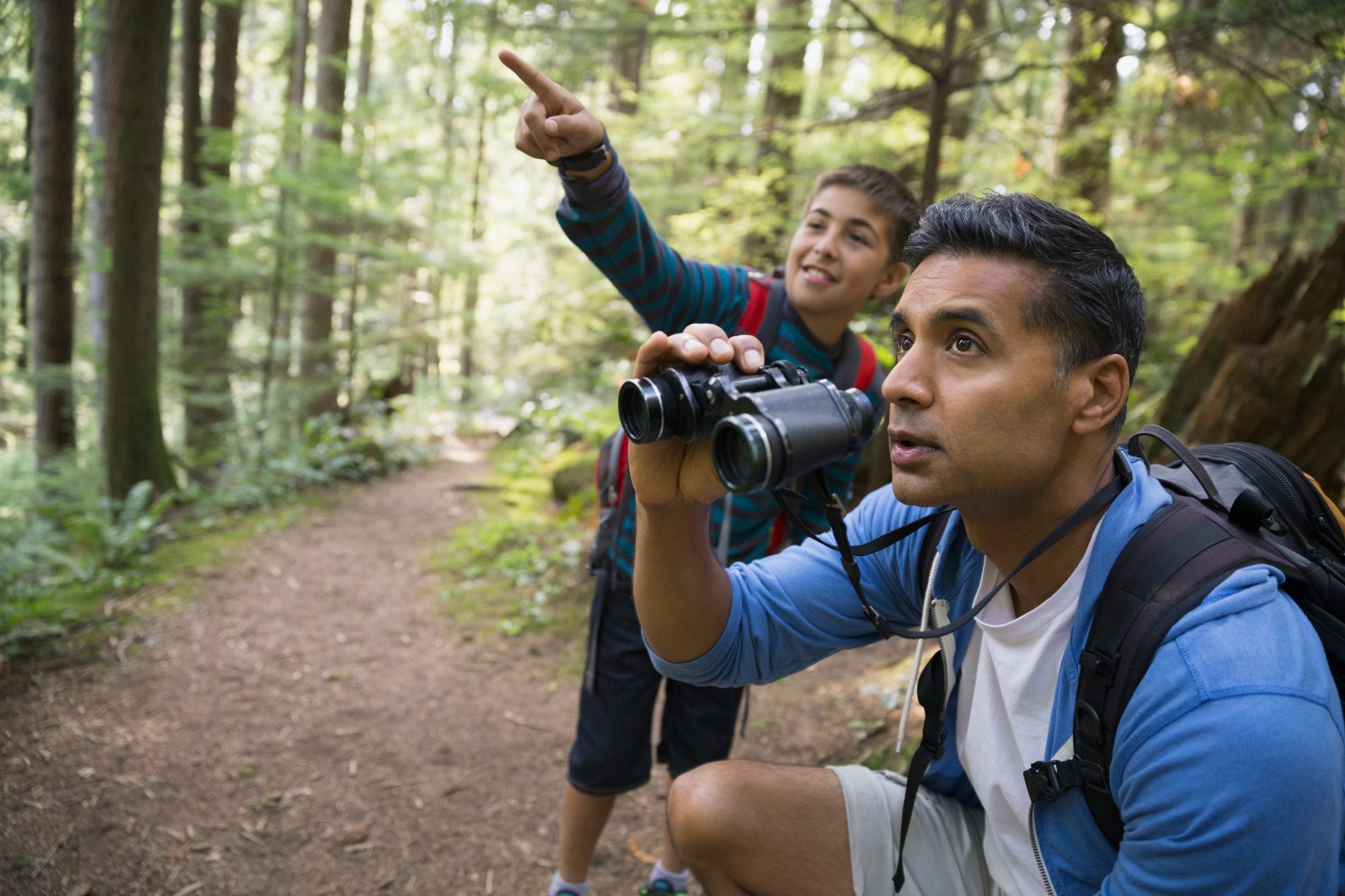 Father and son with binoculars in woods