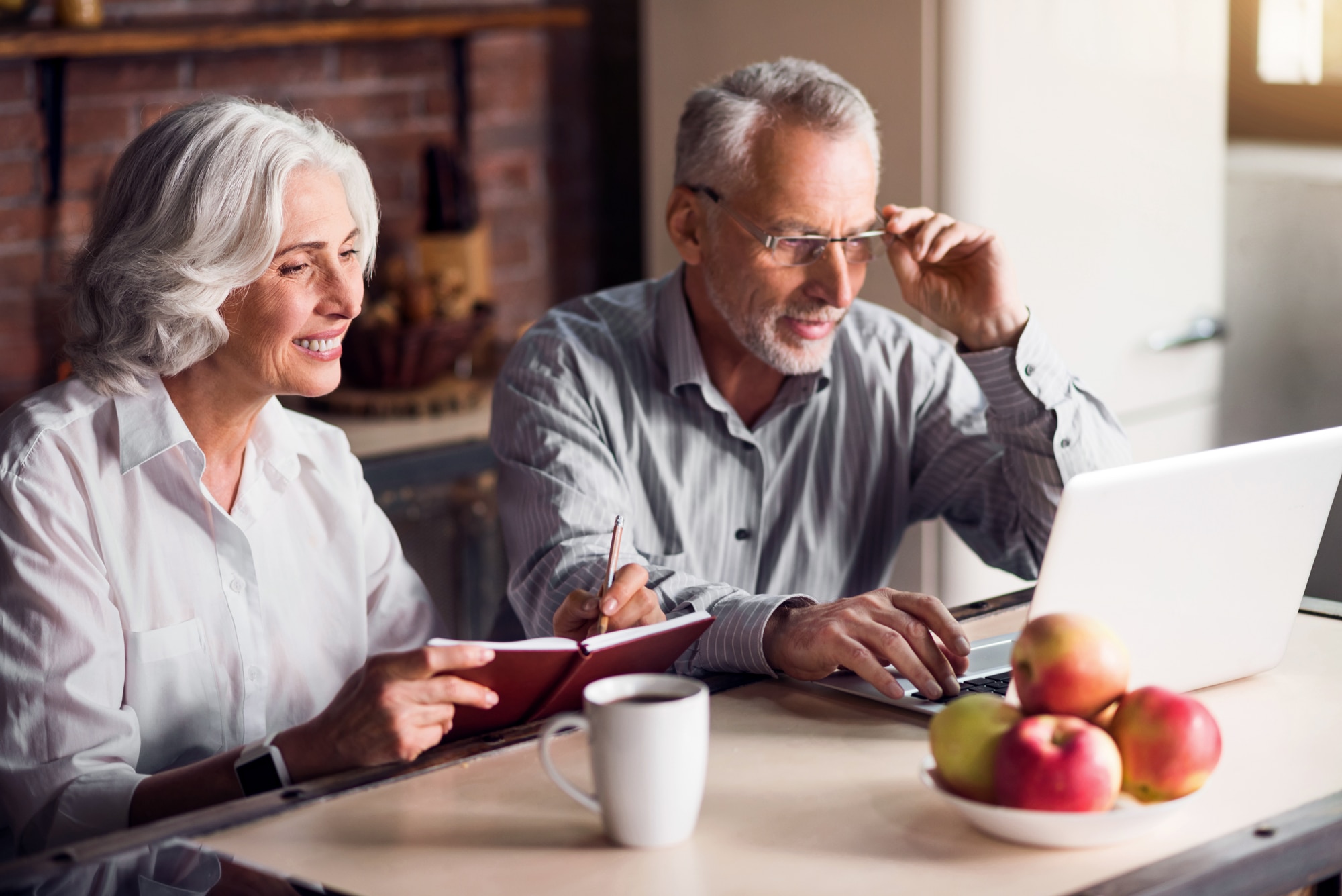 A mature couple doing internet research on a laptop.