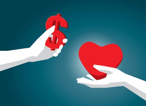 Hands holding a dollar sign and a heart