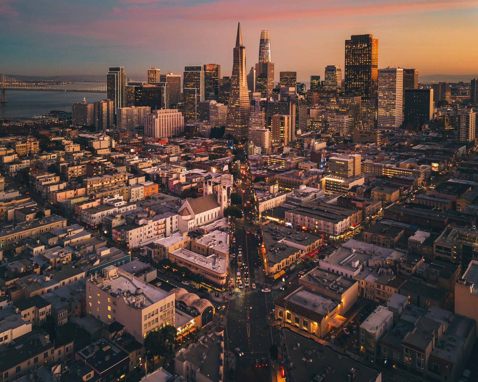 City skyline at sunset