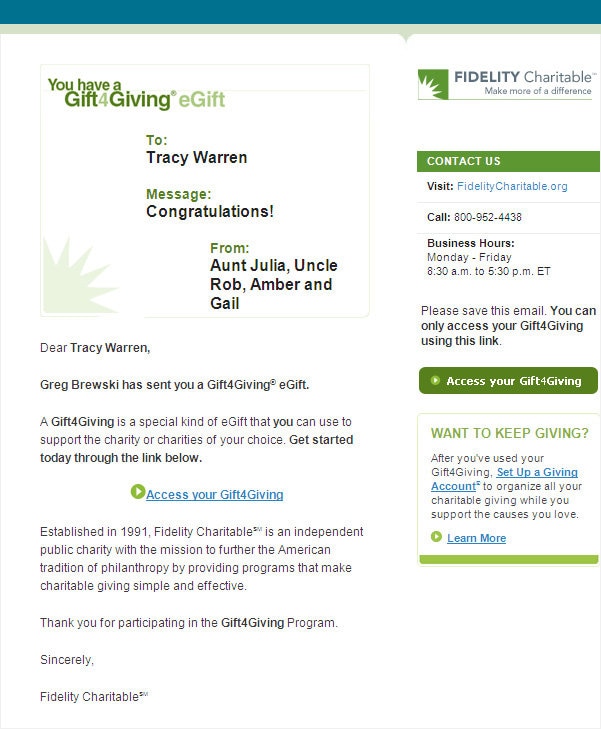 Sample Gift4Giving email for individuals