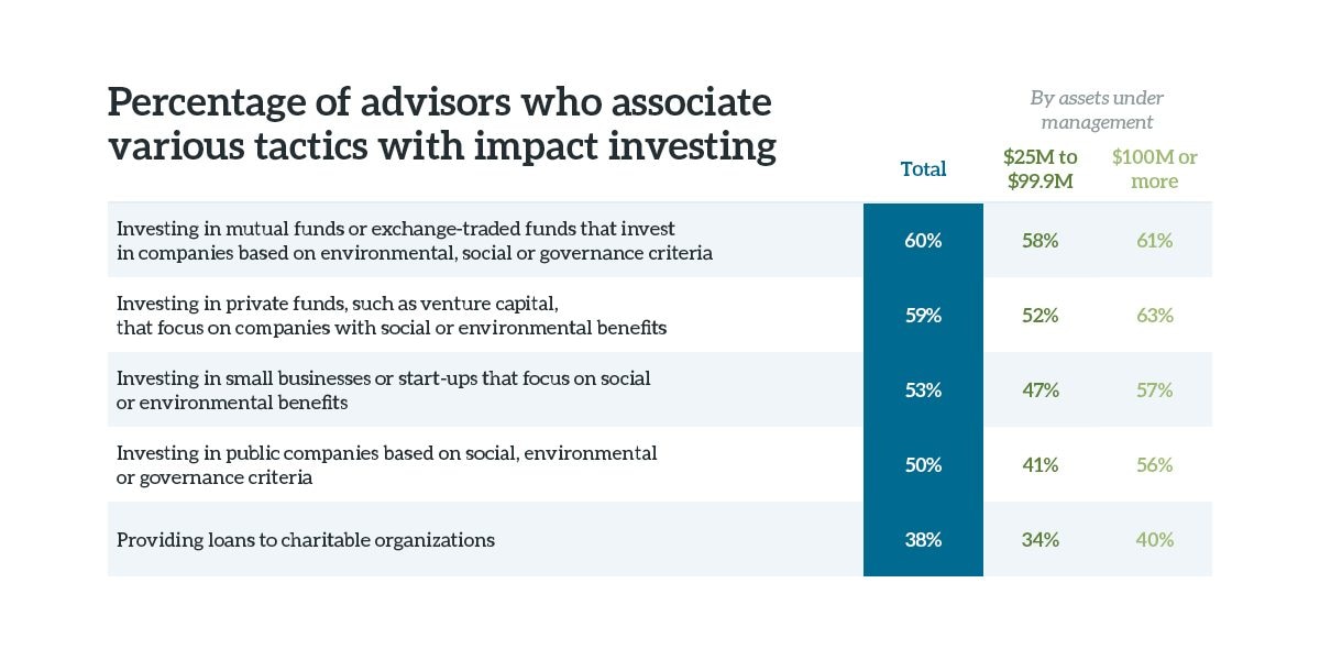 Chart showing the tactics that advisors associate with impact investing.