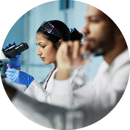 A woman looking through a microscope represents giving to the Health sector.