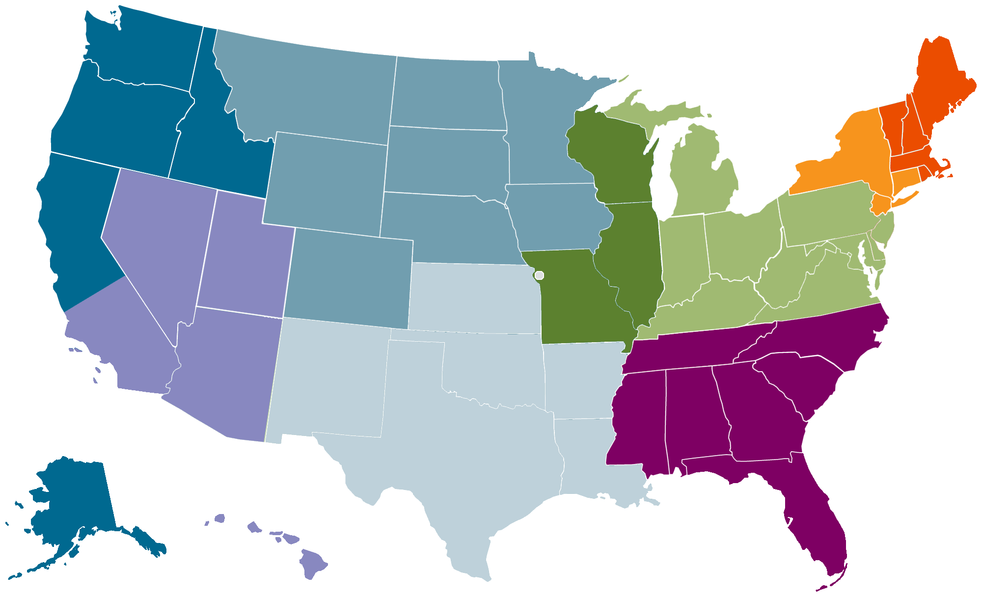 Map showing the Fidelity Charitable regional experts across the United States