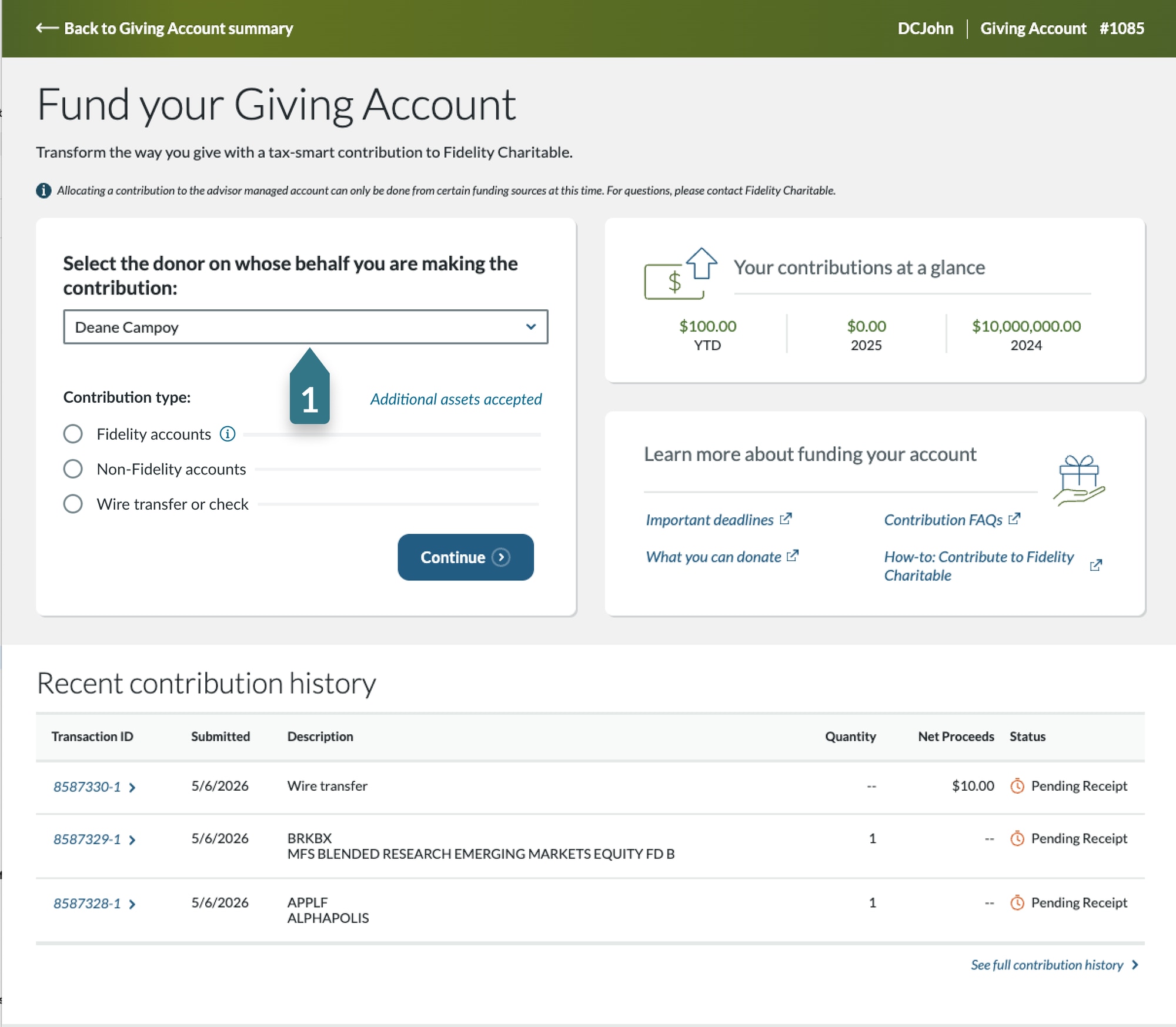Screenshot of Fund your Giving Account screen in GivingCentral showing how to identify the donor