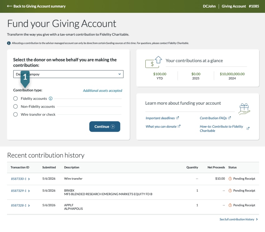 Screenshot of Fund your Giving Account screen in GivingCentral showing how to identify the contribution type
