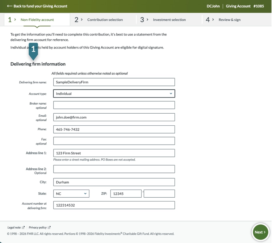 Screenshot of Delivering firm information screen in GivingCentral showing how to identify the source of the contribution