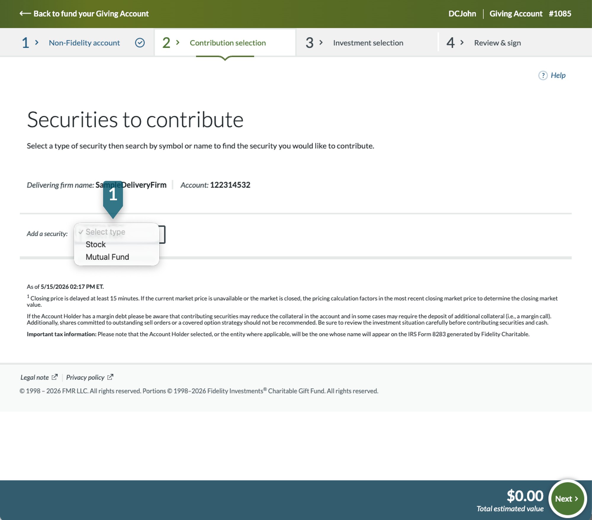 Screenshot of Sources to contribute screen in GivingCentral showing how to enter security information