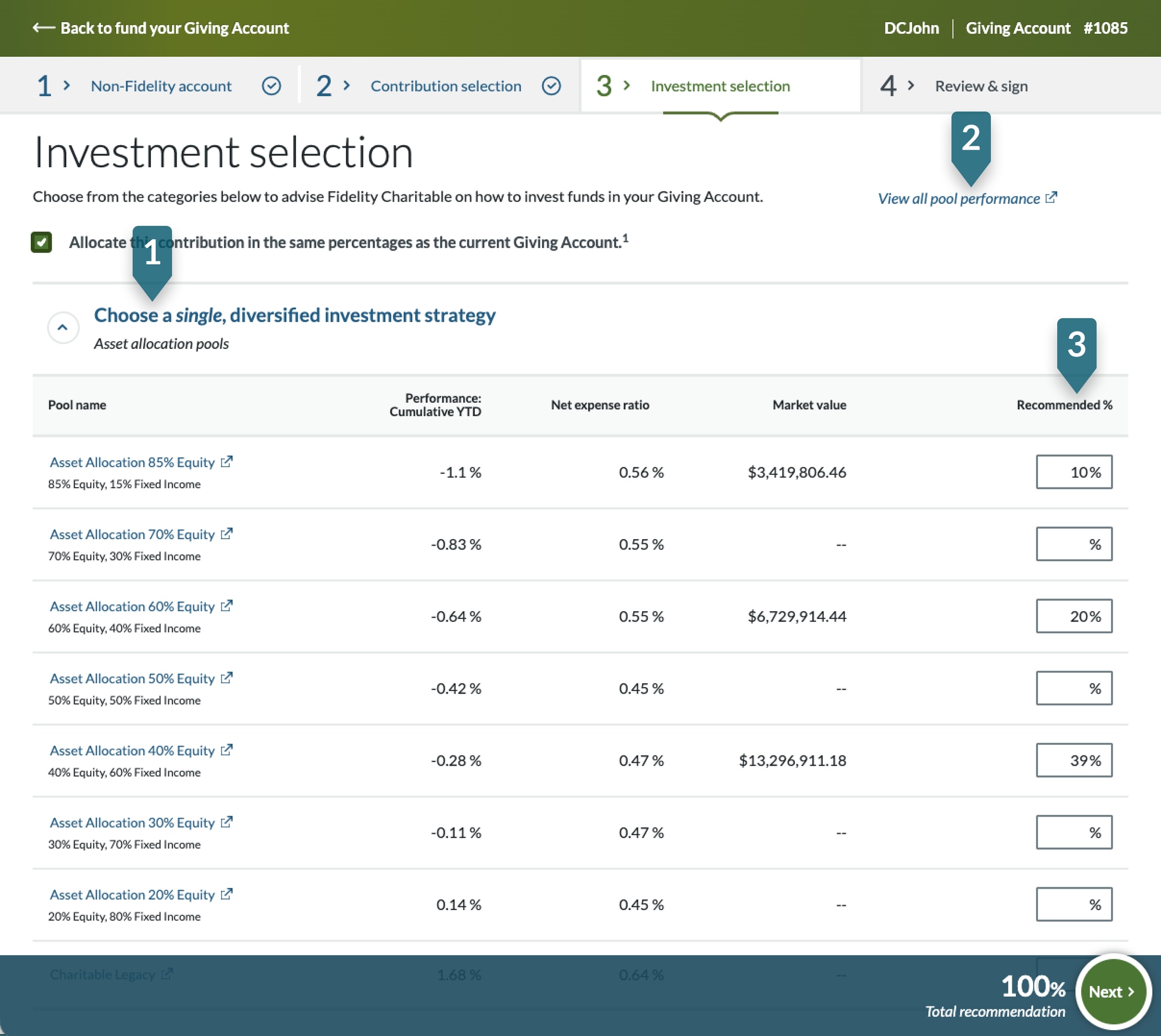 Screenshot of Investment selection screen in GivingCentral showing how to recommend allocation