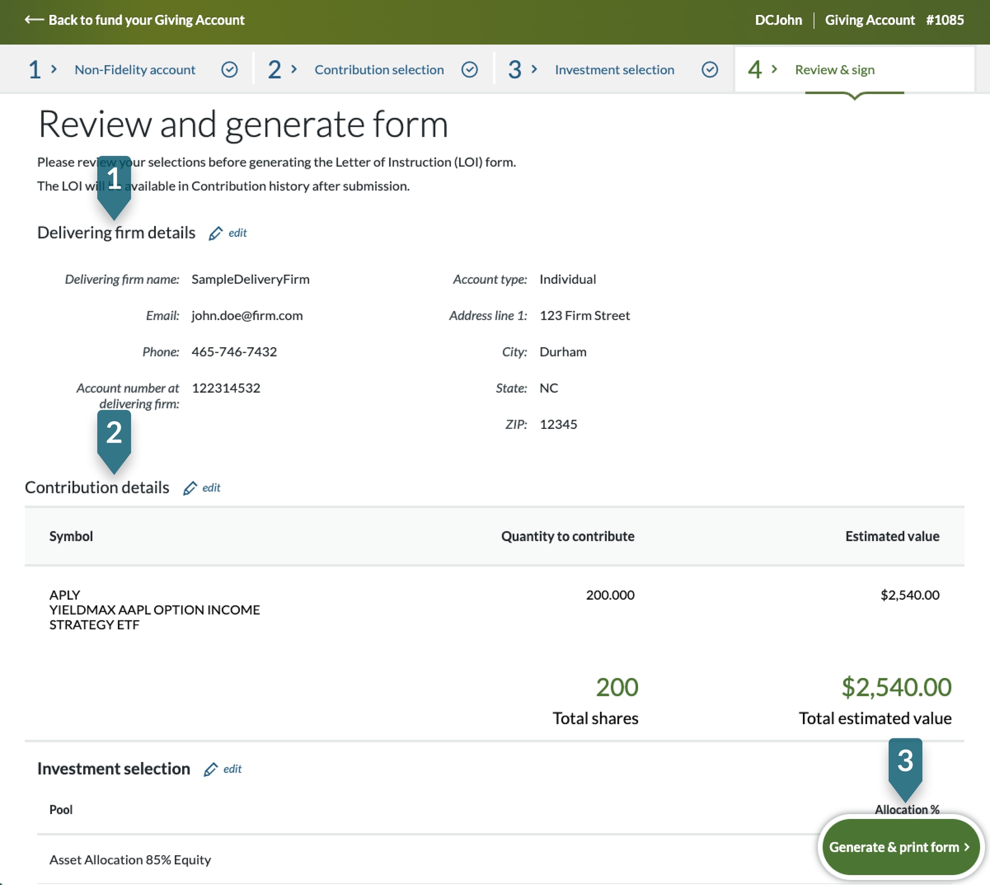 Screenshot of Review and generate form screen in GivingCentral showing how to confirm and submit the contribution