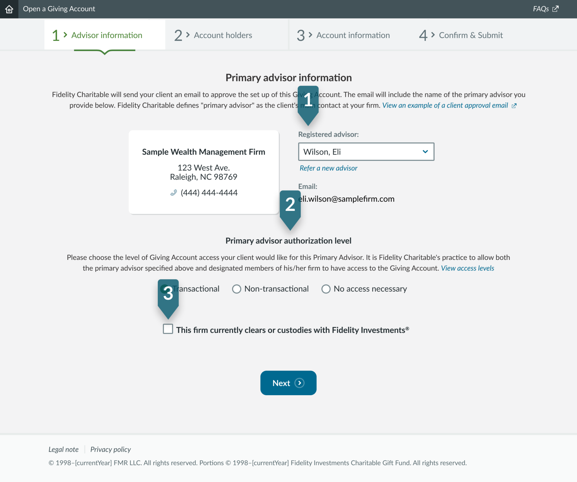 Giving Central Account opening step 2