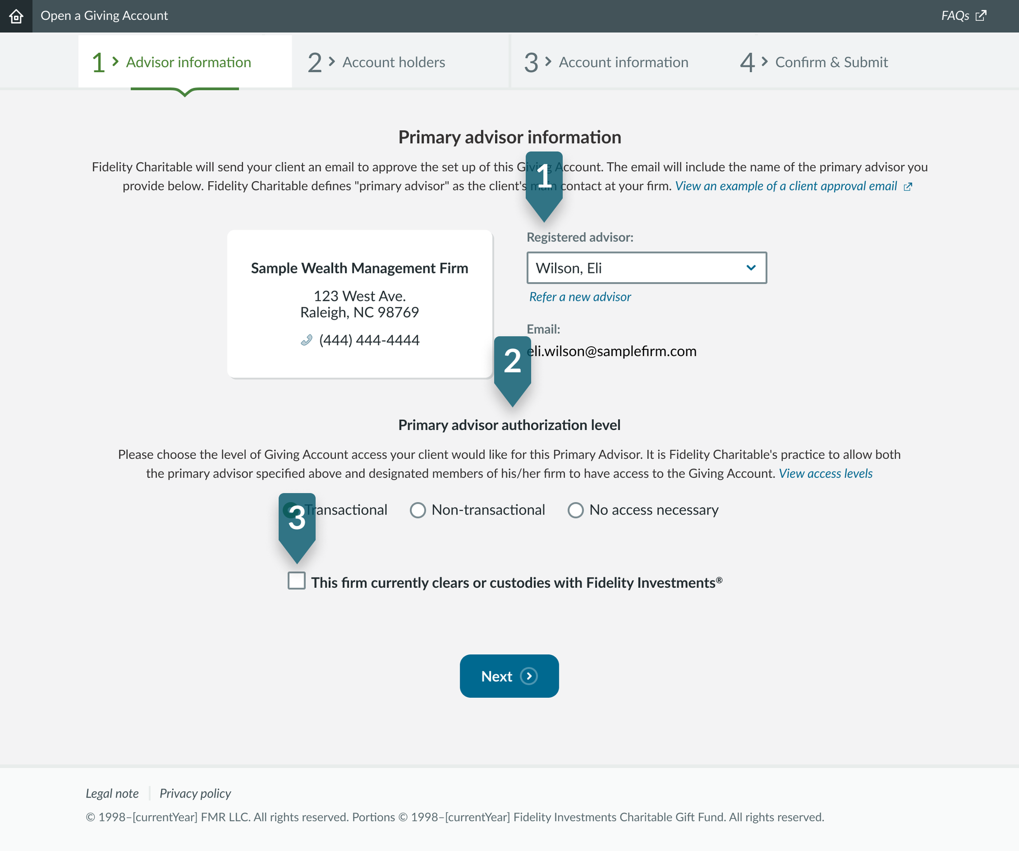 Giving Central Account opening step 2