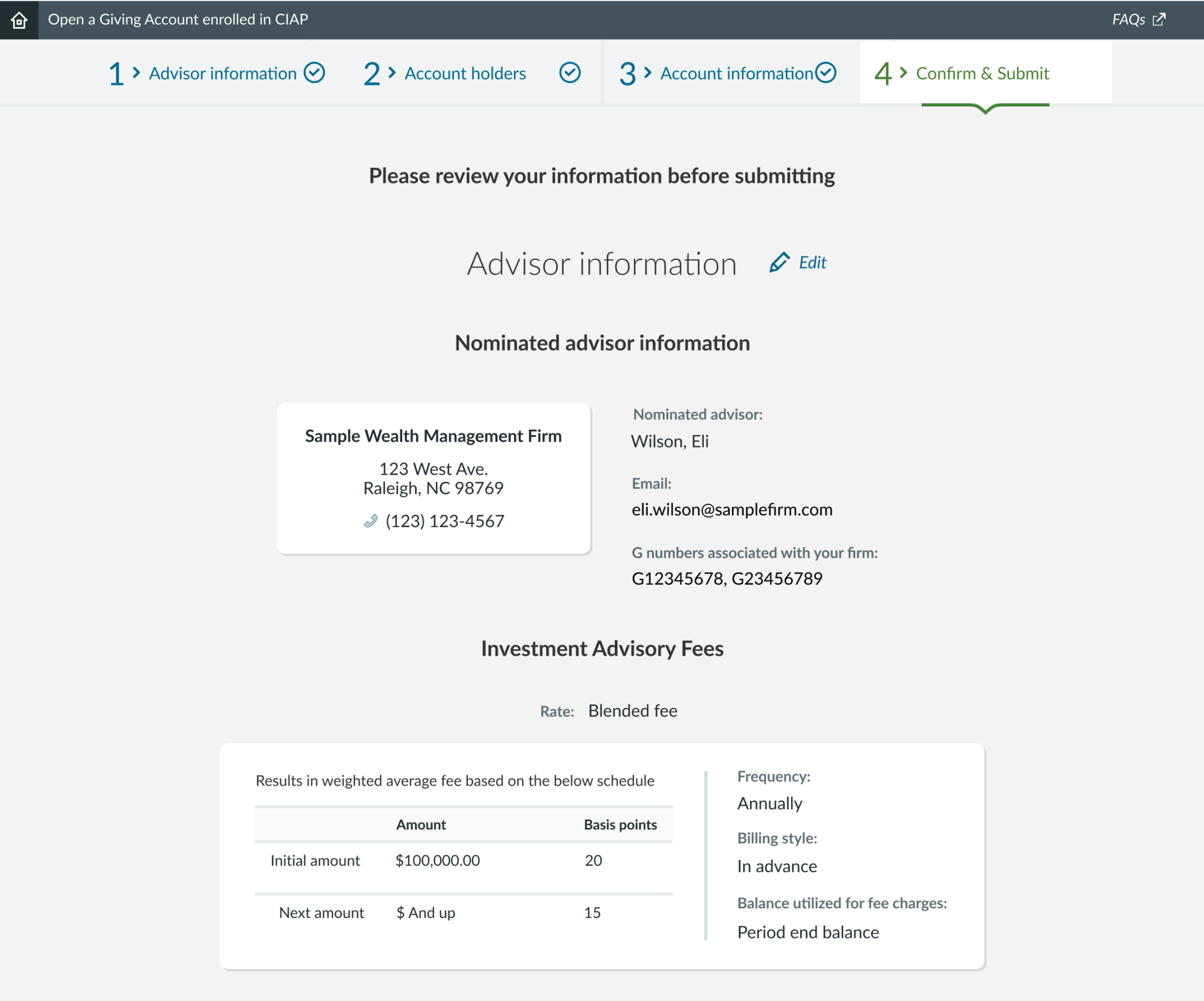 Giving Central Account opening step 7