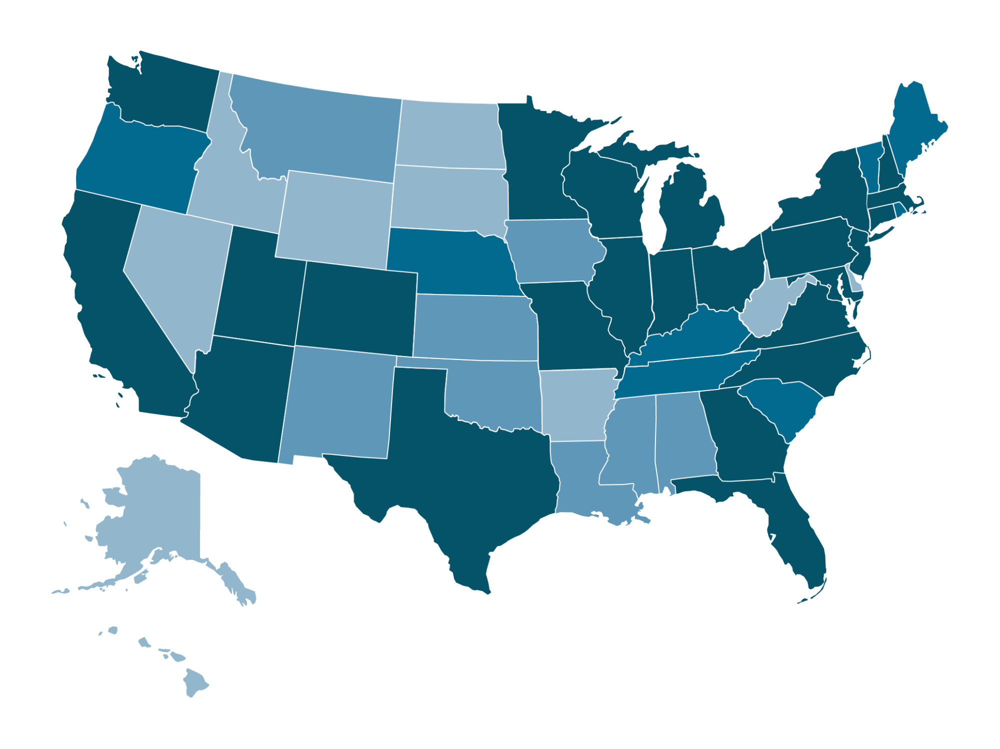 Map of the United States in hues of blue